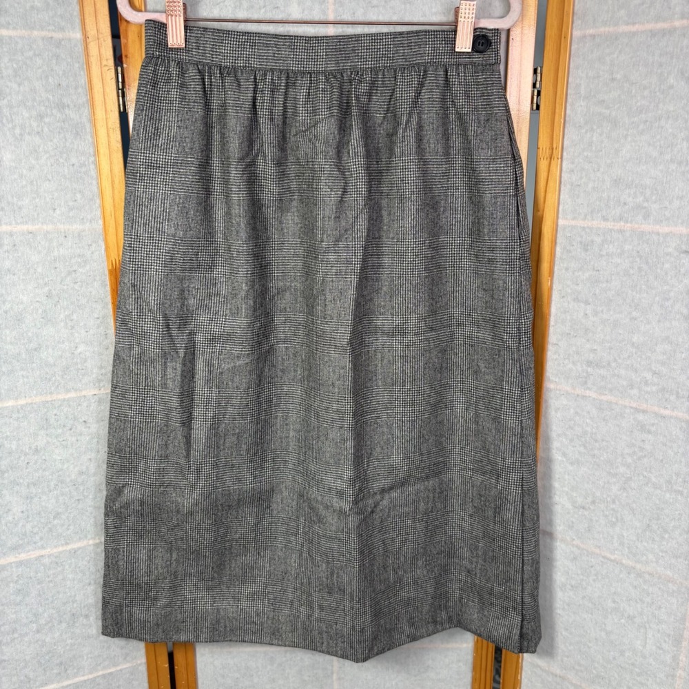 Prophecy Vintage Wool Midi Skirt Size 10 Grey Glen Plaid Pencil Made‎ in USA